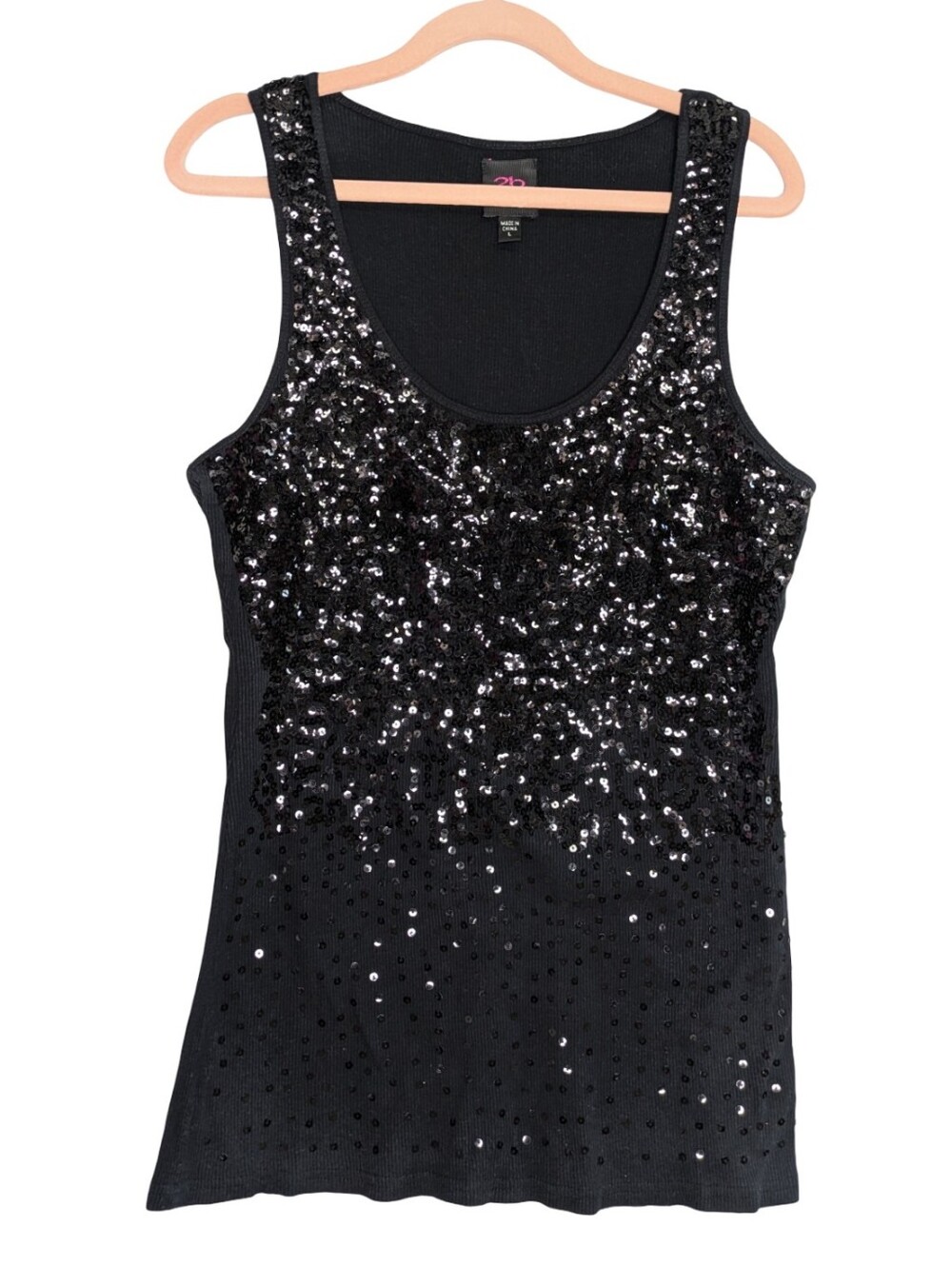 Y2K 2B Bebe Black Sequin Tank Top - Sleeveless Evening ribbed Top Size Large